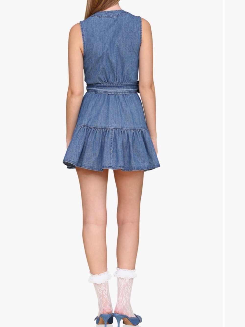Avec Les Filles Sleeveless Denim-Style Tie-Waist Mini Dress in Blue - Picture 2 of 7